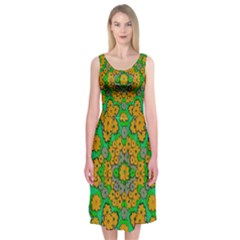 Stars Of Decorative Colorful And Peaceful  Flowers Midi Sleeveless Dress by pepitasart