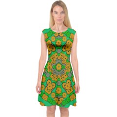 Stars Of Decorative Colorful And Peaceful  Flowers Capsleeve Midi Dress by pepitasart