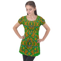 Stars Of Decorative Colorful And Peaceful  Flowers Puff Sleeve Tunic Top by pepitasart