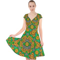 Stars Of Decorative Colorful And Peaceful  Flowers Cap Sleeve Front Wrap Midi Dress by pepitasart