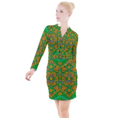 Stars Of Decorative Colorful And Peaceful  Flowers Button Long Sleeve Dress by pepitasart