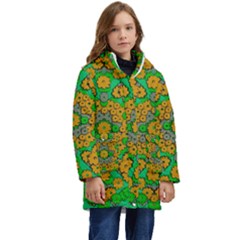 Stars Of Decorative Colorful And Peaceful  Flowers Kid s Hooded Longline Puffer Jacket by pepitasart