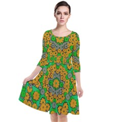 Stars Of Decorative Colorful And Peaceful  Flowers Quarter Sleeve Waist Band Dress by pepitasart