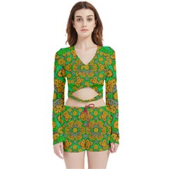 Stars Of Decorative Colorful And Peaceful  Flowers Velvet Wrap Crop Top And Shorts Set by pepitasart