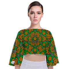 Stars Of Decorative Colorful And Peaceful  Flowers Tie Back Butterfly Sleeve Chiffon Top by pepitasart