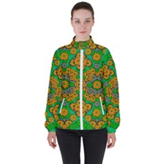 Stars Of Decorative Colorful And Peaceful  Flowers Women s High Neck Windbreaker by pepitasart