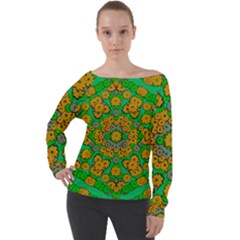 Stars Of Decorative Colorful And Peaceful  Flowers Off Shoulder Long Sleeve Velour Top by pepitasart