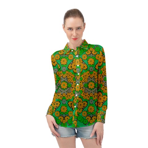 Stars Of Decorative Colorful And Peaceful  Flowers Long Sleeve Chiffon Shirt by pepitasart