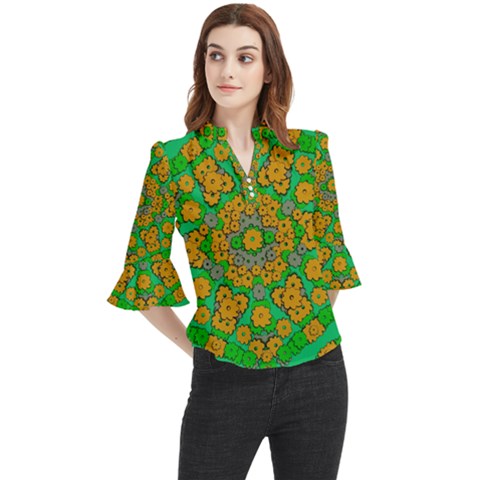 Stars Of Decorative Colorful And Peaceful  Flowers Loose Horn Sleeve Chiffon Blouse by pepitasart