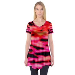 Red  Waves Abstract Series No15 Short Sleeve Tunic  by DimitriosArt