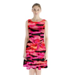 Red  Waves Abstract Series No15 Sleeveless Waist Tie Chiffon Dress by DimitriosArt