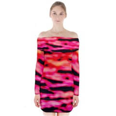 Red  Waves Abstract Series No15 Long Sleeve Off Shoulder Dress by DimitriosArt