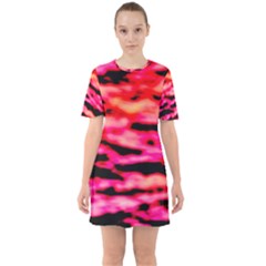 Red  Waves Abstract Series No15 Sixties Short Sleeve Mini Dress by DimitriosArt