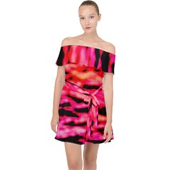 Red  Waves Abstract Series No15 Off Shoulder Chiffon Dress by DimitriosArt