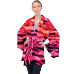 Red  Waves Abstract Series No15 Long Sleeve Velvet Kimono  by DimitriosArt