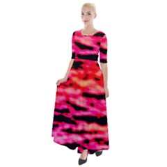 Red  Waves Abstract Series No15 Half Sleeves Maxi Dress by DimitriosArt