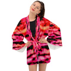 Red  Waves Abstract Series No15 Long Sleeve Kimono by DimitriosArt