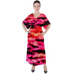 Red  Waves Abstract Series No15 V-neck Boho Style Maxi Dress by DimitriosArt