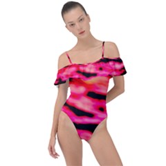 Red  Waves Abstract Series No15 Frill Detail One Piece Swimsuit by DimitriosArt