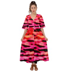 Red  Waves Abstract Series No15 Kimono Sleeve Boho Dress by DimitriosArt