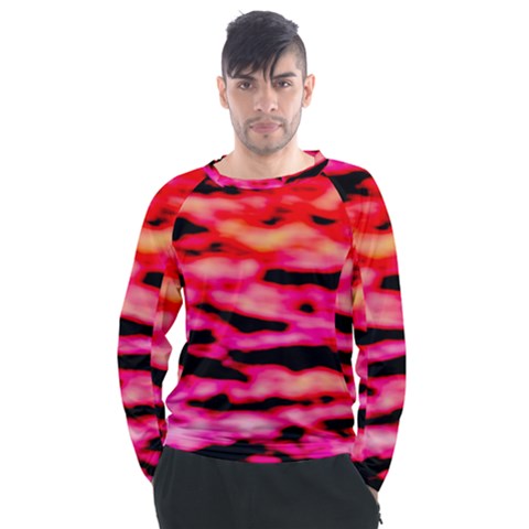 Red  Waves Abstract Series No15 Men s Long Sleeve Raglan Tee by DimitriosArt