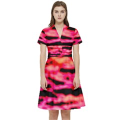 Red  Waves Abstract Series No15 Short Sleeve Waist Detail Dress by DimitriosArt