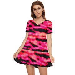 Red  Waves Abstract Series No15 Tiered Short Sleeve Mini Dress