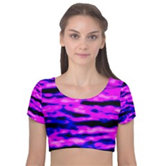 Purple  Waves Abstract Series No6 Velvet Short Sleeve Crop Top  by DimitriosArt