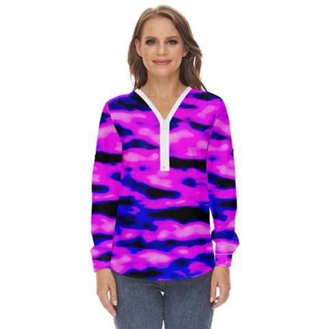 Purple  Waves Abstract Series No6 Zip Up Long Sleeve Blouse by DimitriosArt