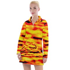 Red  Waves Abstract Series No16 Women s Long Sleeve Casual Dress by DimitriosArt