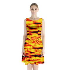 Red  Waves Abstract Series No16 Sleeveless Waist Tie Chiffon Dress by DimitriosArt