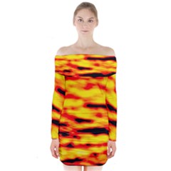 Red  Waves Abstract Series No16 Long Sleeve Off Shoulder Dress by DimitriosArt