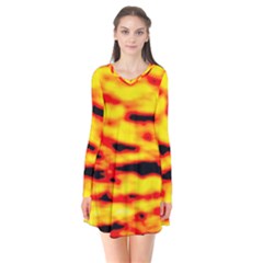 Red  Waves Abstract Series No16 Long Sleeve V-neck Flare Dress by DimitriosArt