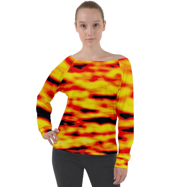 Red  Waves Abstract Series No16 Off Shoulder Long Sleeve Velour Top