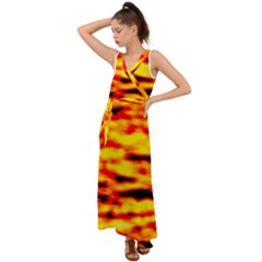 Red  Waves Abstract Series No16 V-neck Chiffon Maxi Dress by DimitriosArt