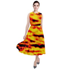 Red  Waves Abstract Series No16 Round Neck Boho Dress by DimitriosArt