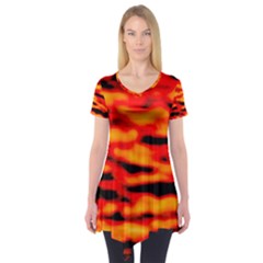 Red  Waves Abstract Series No17 Short Sleeve Tunic  by DimitriosArt