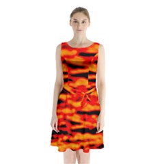 Red  Waves Abstract Series No17 Sleeveless Waist Tie Chiffon Dress by DimitriosArt