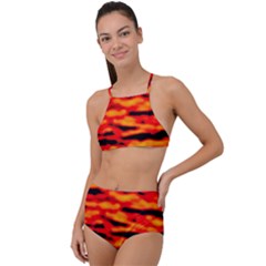 Red  Waves Abstract Series No17 High Waist Tankini Set by DimitriosArt