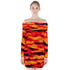 Red  Waves Abstract Series No17 Long Sleeve Off Shoulder Dress by DimitriosArt