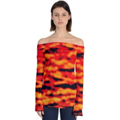 Red  Waves Abstract Series No17 Off Shoulder Long Sleeve Top by DimitriosArt