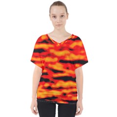 Red  Waves Abstract Series No17 V-neck Dolman Drape Top by DimitriosArt