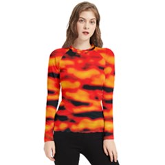 Red  Waves Abstract Series No17 Women s Long Sleeve Rash Guard by DimitriosArt