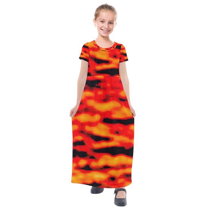 Red  Waves Abstract Series No17 Kids  Short Sleeve Maxi Dress