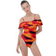 Red  Waves Abstract Series No17 Frill Detail One Piece Swimsuit by DimitriosArt