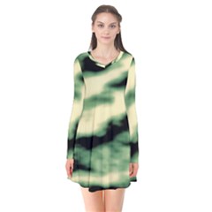 Green  Waves Abstract Series No14 Long Sleeve V-neck Flare Dress by DimitriosArt