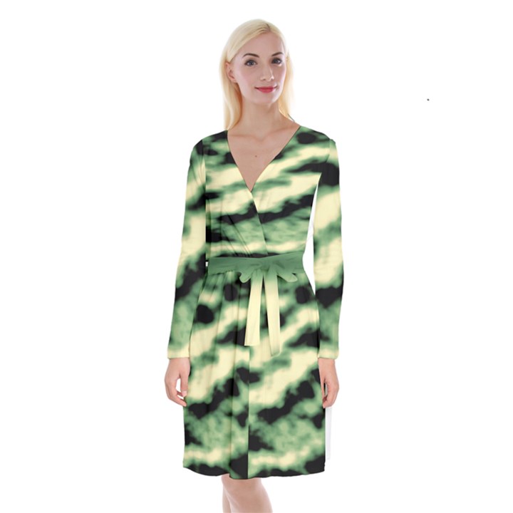 Green  Waves Abstract Series No14 Long Sleeve Velvet Front Wrap Dress