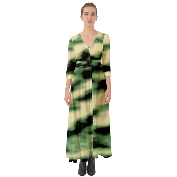 Green  Waves Abstract Series No14 Button Up Boho Maxi Dress