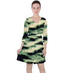 Green  Waves Abstract Series No14 Quarter Sleeve Ruffle Waist Dress by DimitriosArt