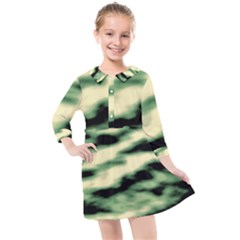 Green  Waves Abstract Series No14 Kids  Quarter Sleeve Shirt Dress by DimitriosArt